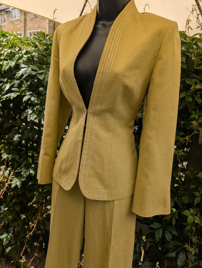 Vintage Wallis Petite Linen Blend Trouser Suit Lime Green UK8