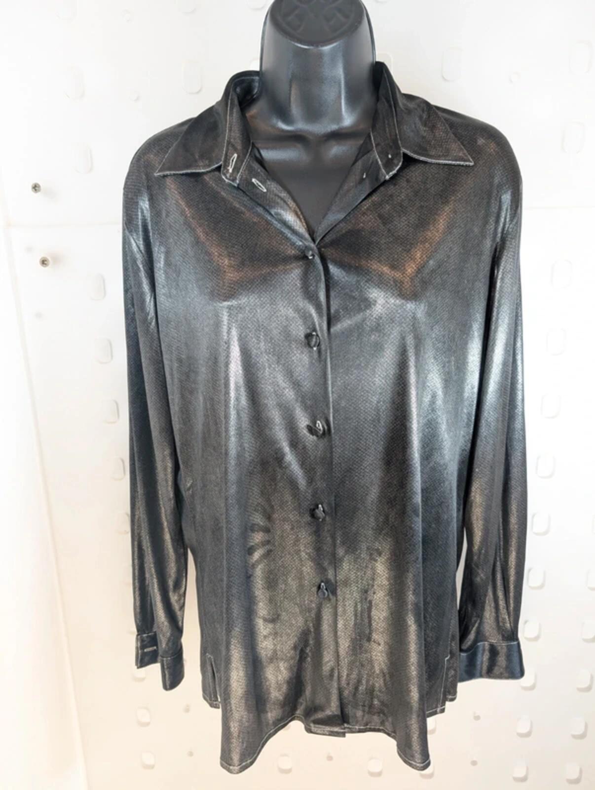 Chemisier Metallic Gunmetal Shirt Size 10 Silver Blouse