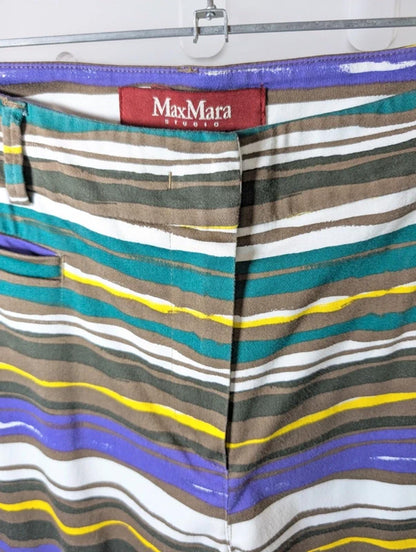 MaxMara Studio Striped Cropped Trousers UK14 Cotton Stretch Purple Yellow Stripe