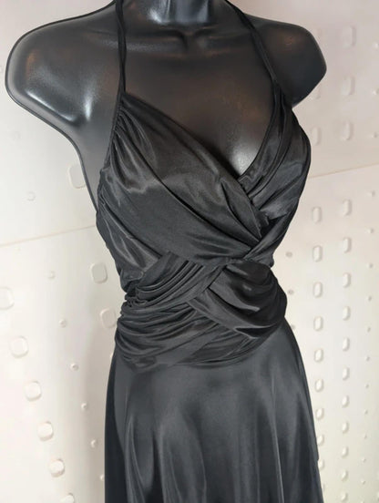 Black Draped Halter Dress M/L – 90s Style Hanky Hem