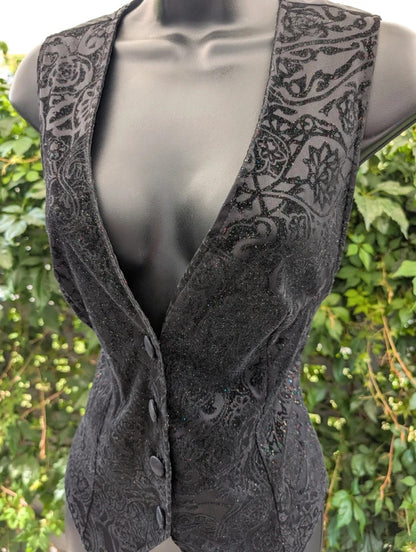 Vintage Velvet Burnout Waistcoat Black Size 40