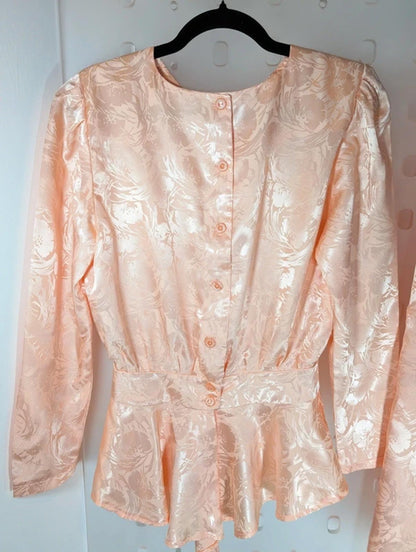 Vintage Peach Satin Two Piece Set Peplum Top Lace Detail Skirt