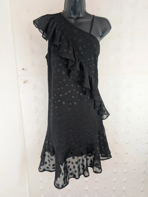 Religion Black One Shoulder Ruffle Mini Dress XS UK8