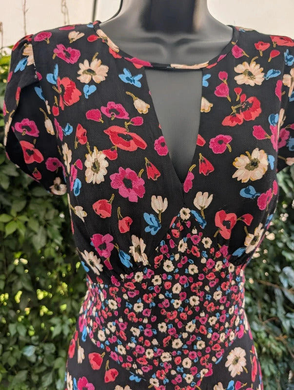 Ossie Clark Floral Tea Dress Keyhole Neckline UK12