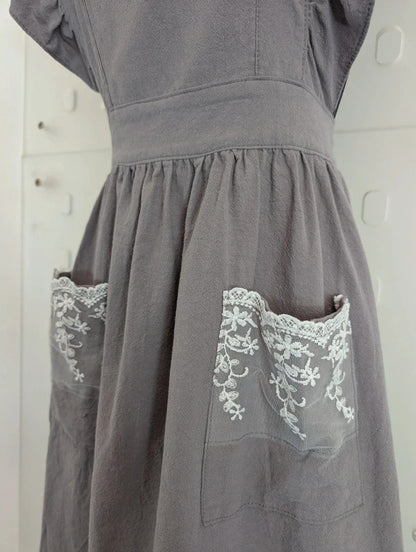 Grey Lace Trim Cross Back Kitchen Pinafore Apron Size 8