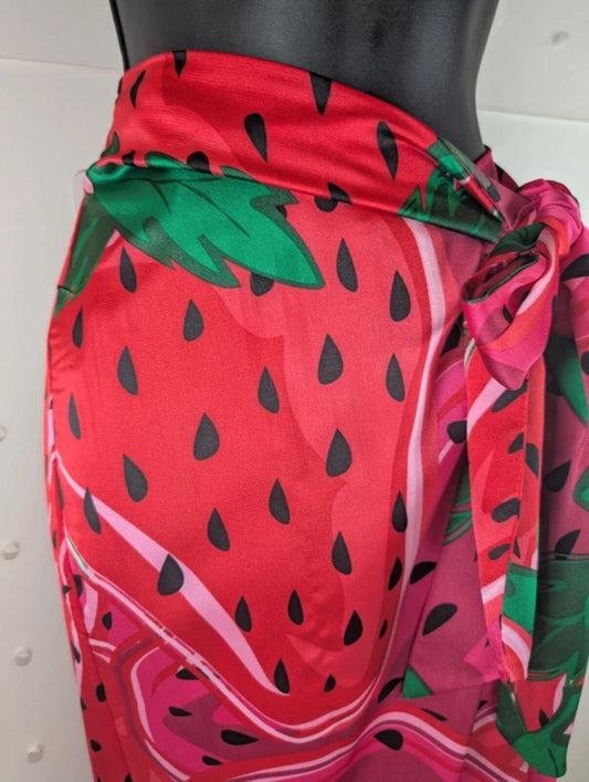 Never Fully Dressed Strawberry Print Satin Wrap Skirt Small