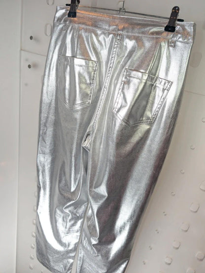 Amylynn Metallic Silver Straight Leg Trousers XS Statement