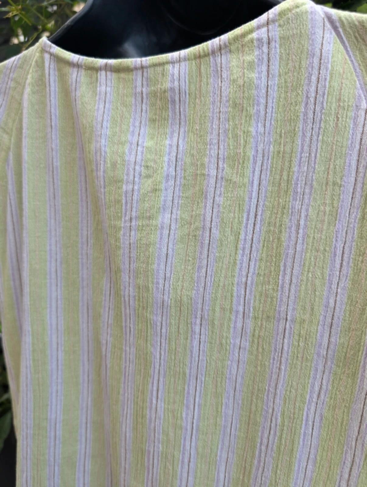 Blue Mist textured stripe cotton t shirt UK10 lace trim longline top
