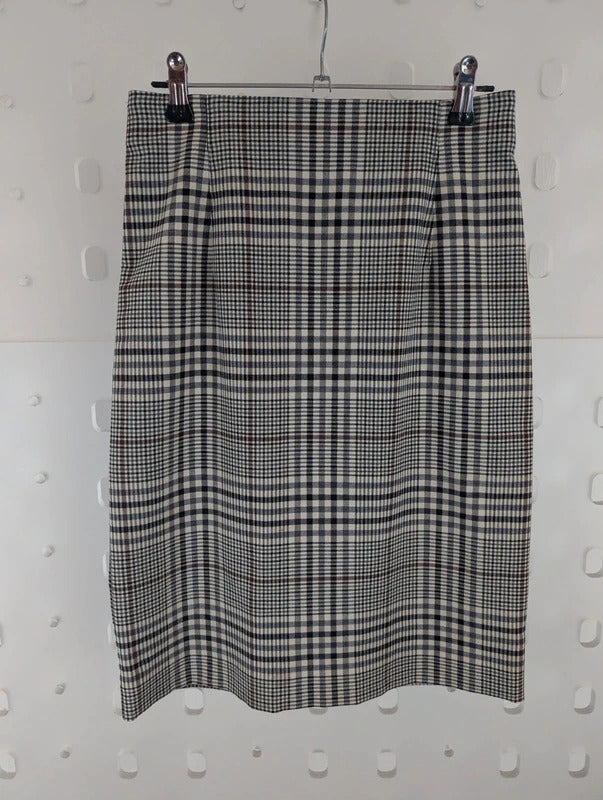 Vintage St Michael Check Wool Blend Pencil Skirt UK8 Made in Germany