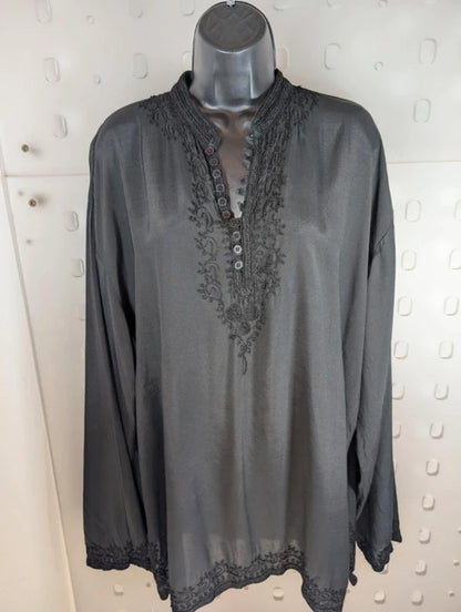 Black Embroidered Boho Viscose Blouse Oversized L/XL Summer