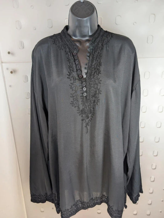 Black Embroidered Boho Viscose Blouse Oversized L/XL Summer