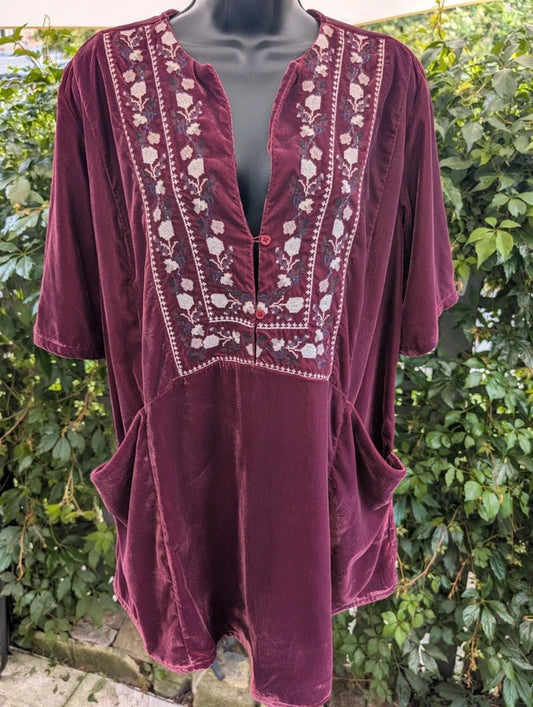 Free People Embroidered Velvet Mini Dress Burgundy Large