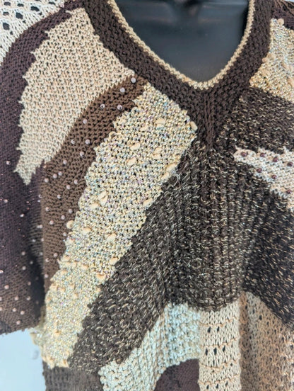 Vintage 1980s Handmade Brown Gold Abstract Knit Vest Wearable Art