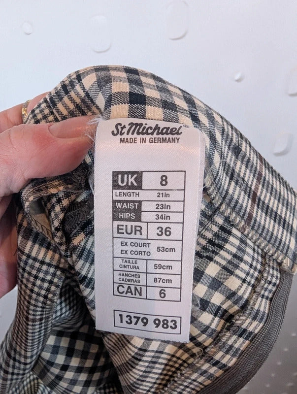 Vintage St Michael Check Wool Blend Pencil Skirt UK8 Made in Germany
