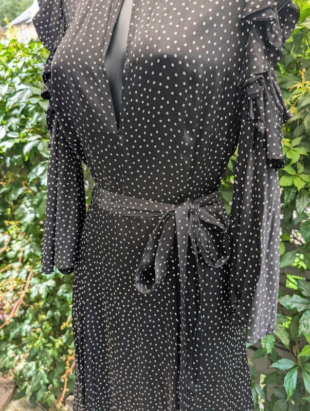 Ghost Black Polka Dot Midi Dress | Keyhole Neck | Cut Out Shoulders | UK M