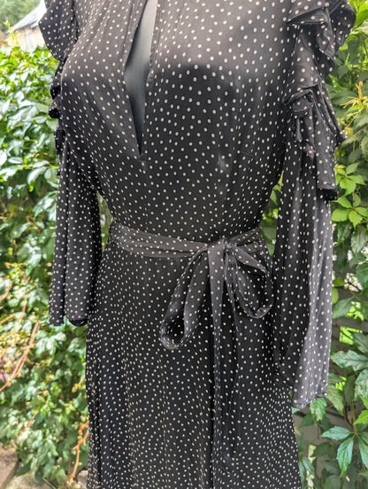 Ghost Black Polka Dot Midi Dress | Keyhole Neck | Cut Out Shoulders | UK M