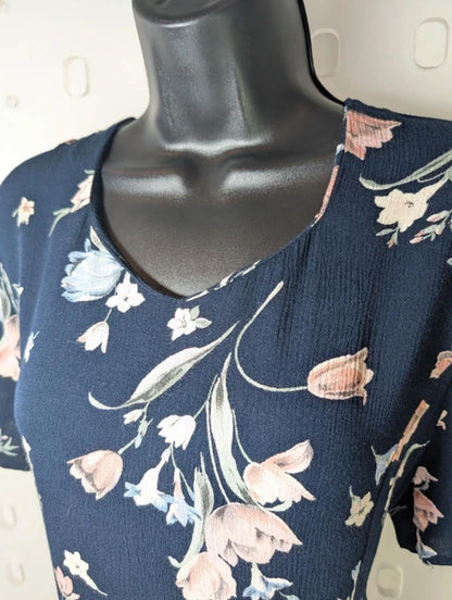 Vintage 90s C&A Navy Tulip Print Maxi Dress UK 12 14 Viscose Floral