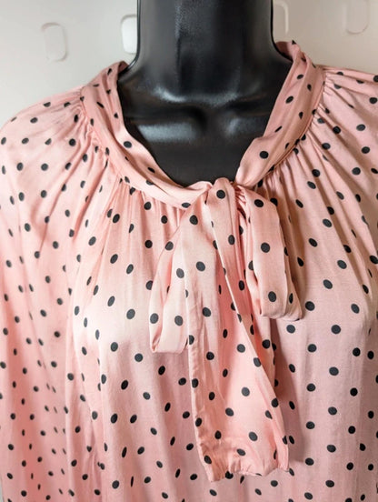 J&L Paris Made in Italy Pink Polka Dot Silk Blend Pussy Bow Blouse