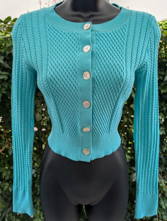& Other Stories Aqua Teal Textured Cropped Cardigan Size M