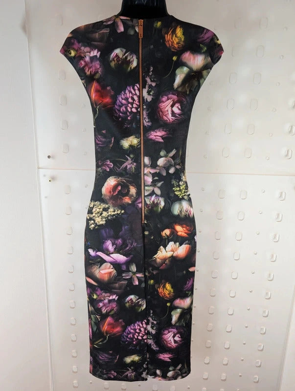Ted Baker Dark Floral Scuba Bodycon Midi Dress Size 1 UK8