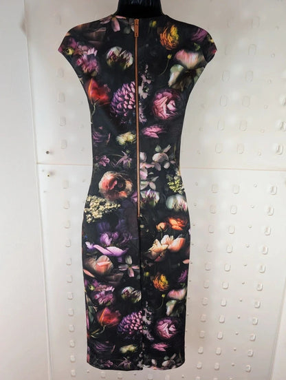 Ted Baker Dark Floral Scuba Bodycon Midi Dress Size 1 UK8
