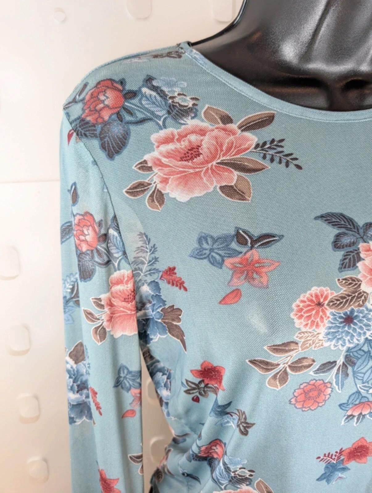 Y2K Blue Floral Mesh Top Size L Sheer Stretch