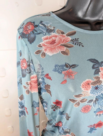 Y2K Blue Floral Mesh Top Size L Sheer Stretch