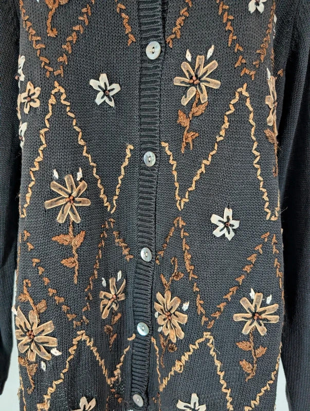 Alfred Dunner Black Floral Appliqué Cardigan Size L