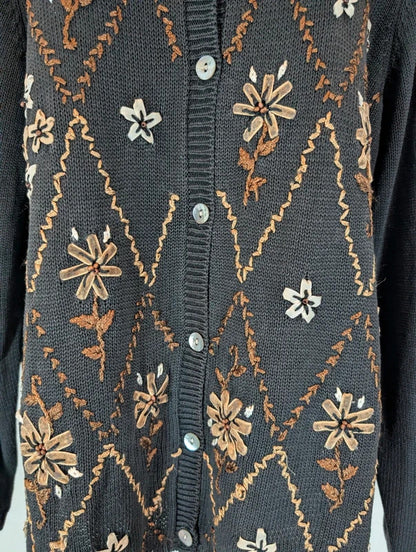Alfred Dunner Black Floral Appliqué Cardigan Size L