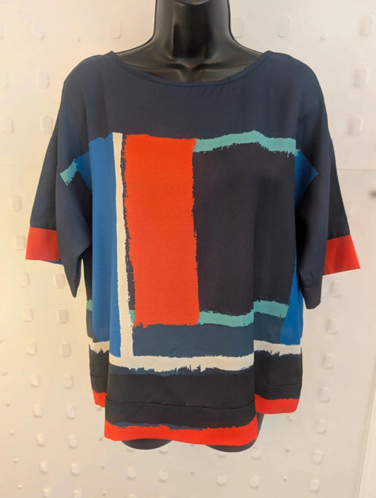 Great Plains Geometric Print Top – Navy Blue Orange – Size M