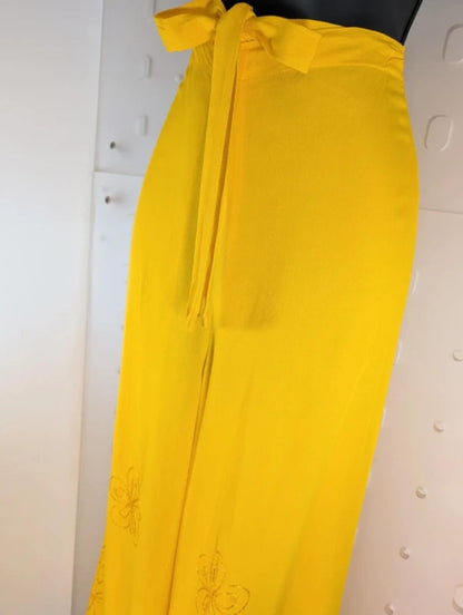 Yellow Wrap Tie Trousers Split Side Festival Boho Sequin Embroidered Free Size
