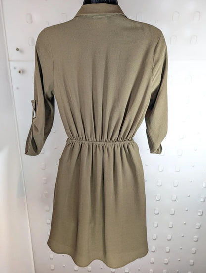 Monteau Khaki Green Utility Shirt Dress Tie Waist Pockets Small