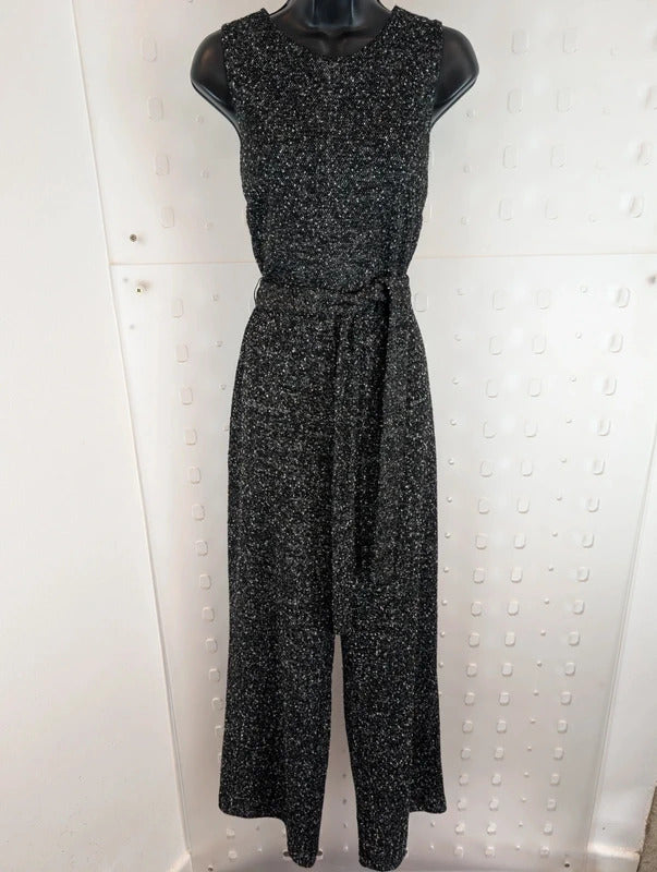 Mango Black Marl Wide Leg Belted Jumpsuit Size L NWT
