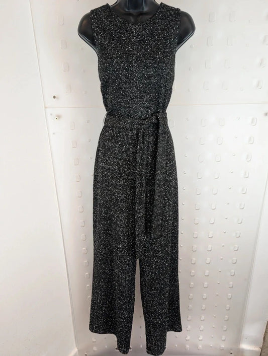Mango Black Marl Wide Leg Belted Jumpsuit Size L NWT