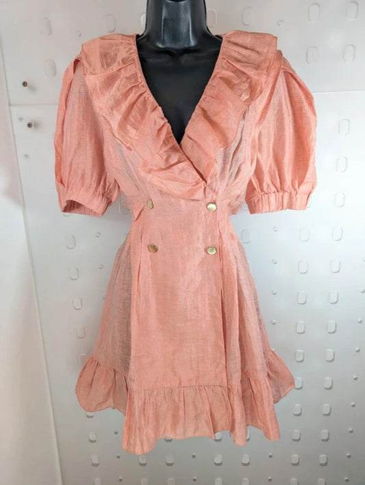 Sandro Peach Linen Blend Wrap Dress Statement Collar Parisian Chic UK10/12
