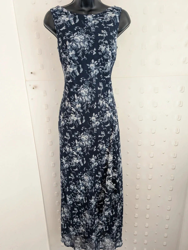 Vintage 90s Lakeland Navy Floral Bias Cut Maxi Dress UK14