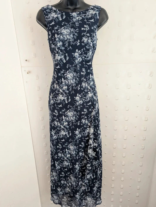 Vintage 90s Lakeland Navy Floral Bias Cut Maxi Dress UK14