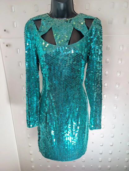 Nite Line Vintage 1980s Turquoise Sequin Cut-Out Dress – UK 12