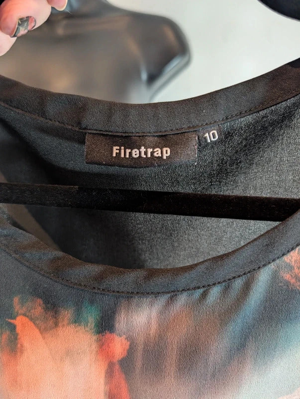 Firetrap Graphic Longline T-Shirt Black UK10 Y2K