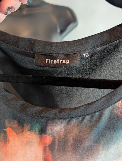 Firetrap Graphic Longline T-Shirt Black UK10 Y2K