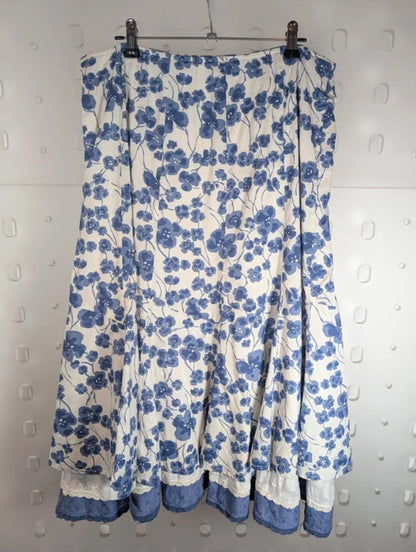 Per Una Floral Cotton Midi Skirt White Blue UK12