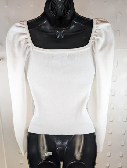 LUC-CE Off White Puff Sleeve Sweetheart Neck Knit Jumper UK10–12