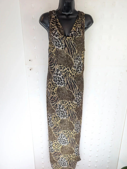 Medici Beaded Leopard Print Bias Cut Maxi Dress Cowl Neck Evening
