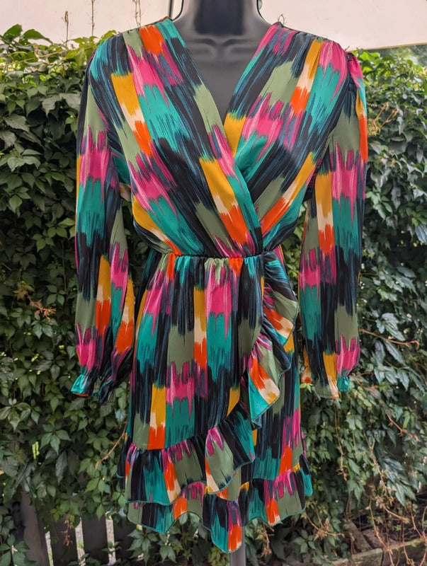J S Millenium Satin Brush Stroke Wrap Mini Dress Large