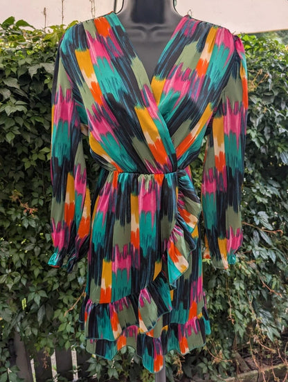 J S Millenium Satin Brush Stroke Wrap Mini Dress Large
