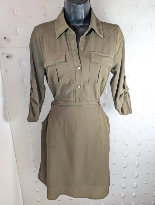 Monteau Khaki Green Utility Shirt Dress Tie Waist Pockets Small