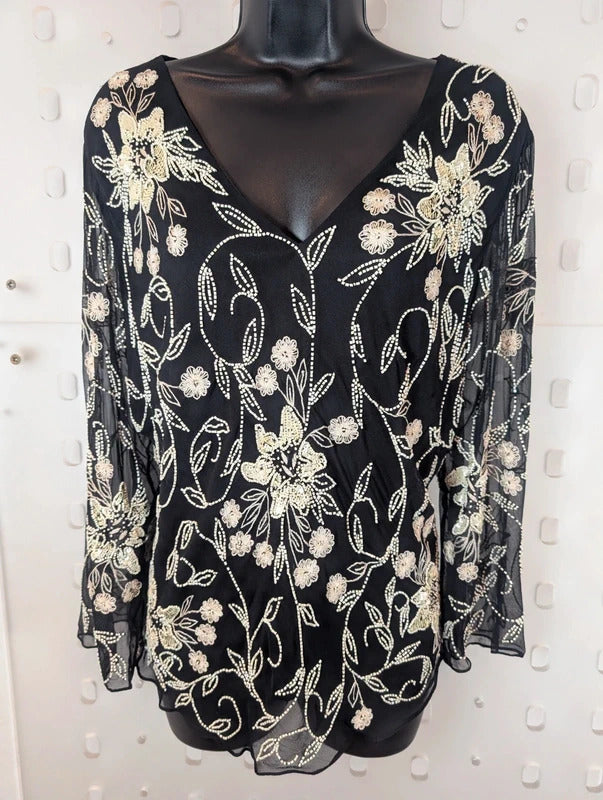 Jacques Vert Black Silk Beaded Embroidered Evening Top UK18