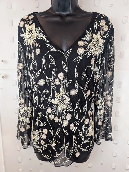 Jacques Vert Black Silk Beaded Embroidered Evening Top UK18