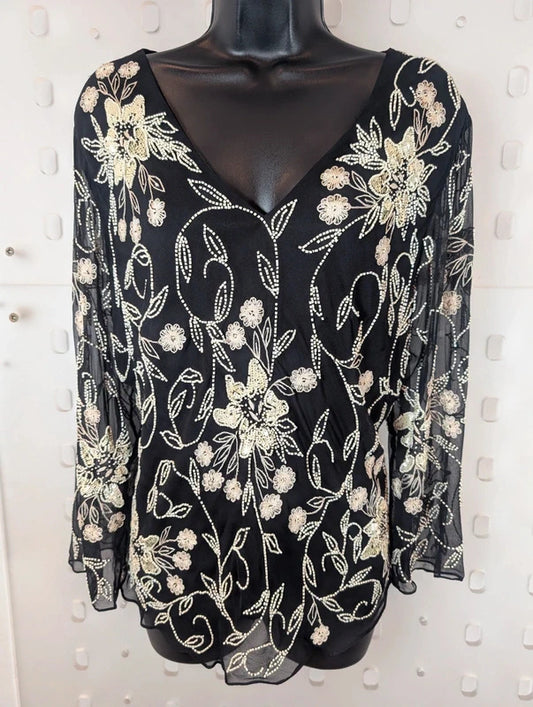 Jacques Vert Black Silk Beaded Embroidered Evening Top UK18