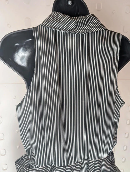 Vintage Black Silver Pinstripe Statement Dress Oversized Collar UK 12